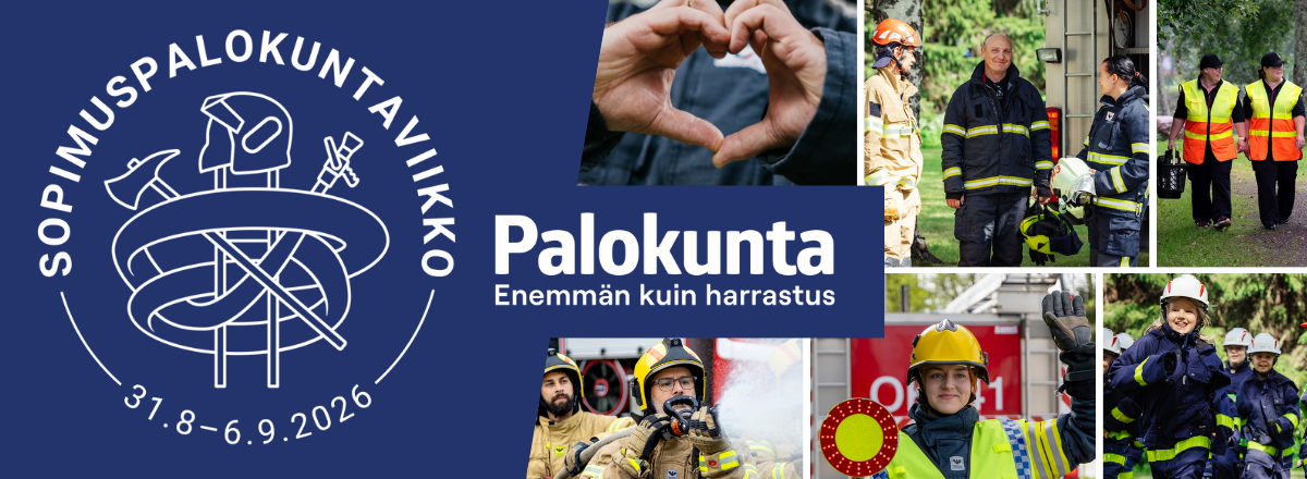 Sopimuspalokuntaviikko-logo ja kuvia palokuntalaisista eri toiminnoissa